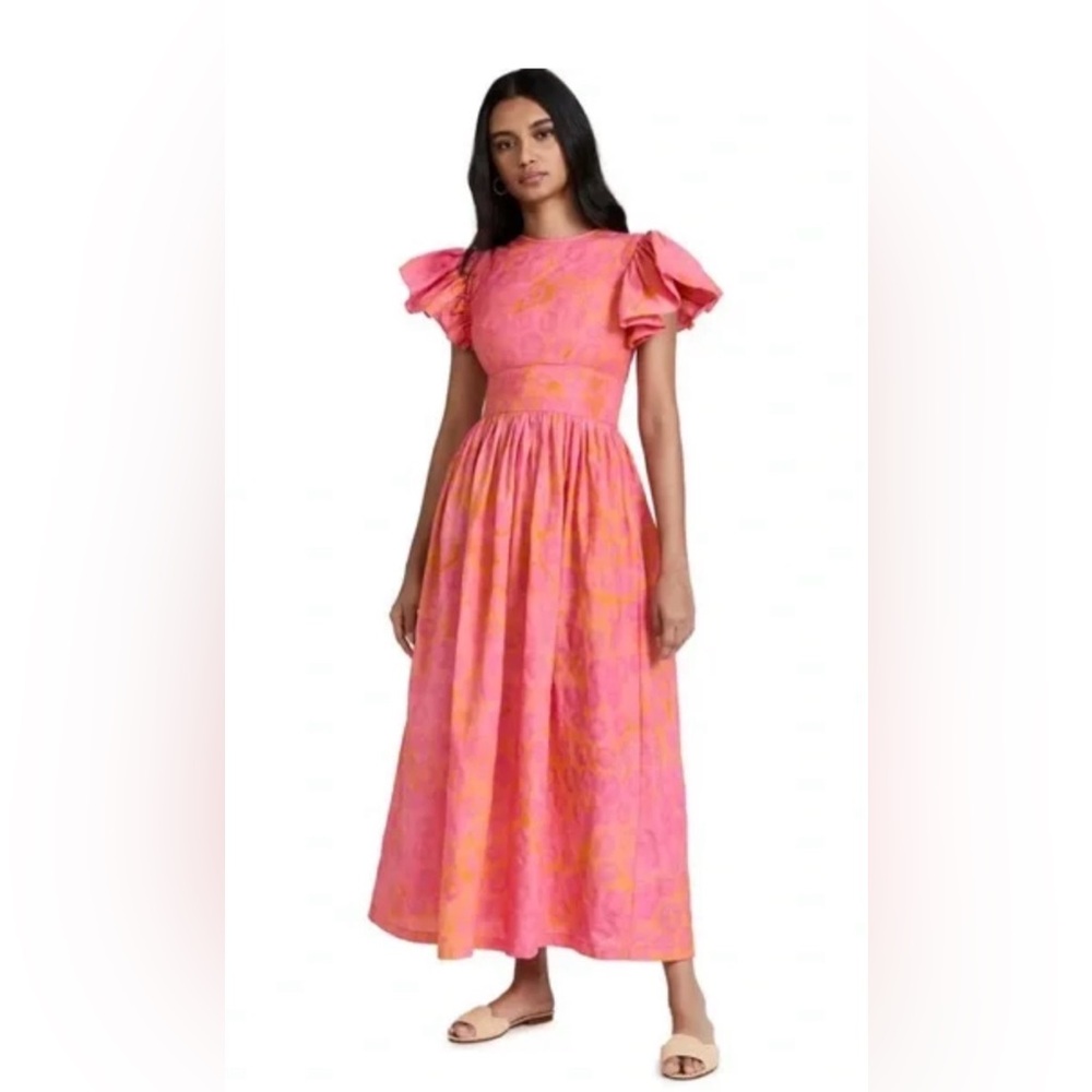Sika Pink and Clay Orange Printed Flutter Sleeve Maxi Dress 8 NWOT w pockets